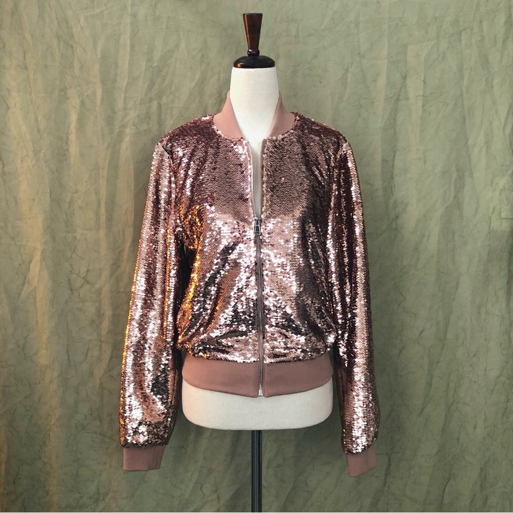 NWT bebe Rose Gold/Pink Barbiecore Sequined Zip Up Bomber Jacket